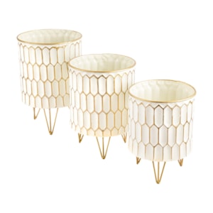Kit Cachepots Metal Branco e Dourado - 3 Peças