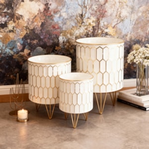 Kit Cachepots Metal Branco e Dourado - 3 Peças