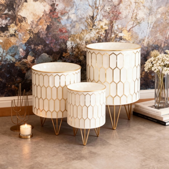 Kit Cachepots Metal Branco e Dourado - 3 Peças - Madel Home
