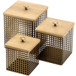 Kit Caixas Decorativos Metal e Madeira - 3 Peças