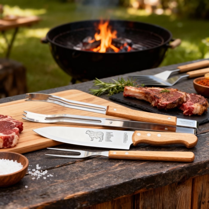 Kit Churrasco em Aço Inox e Cabos de Madeira Tramontina - 3 Peças - Madel Home