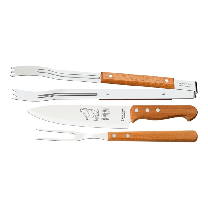 Kit Churrasco em Aço Inox e Cabos de Madeira Tramontina - 3 Peças - Madel Home