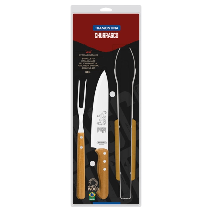 Kit Churrasco em Aço Inox e Cabos de Madeira Tramontina - 3 Peças - Madel Home