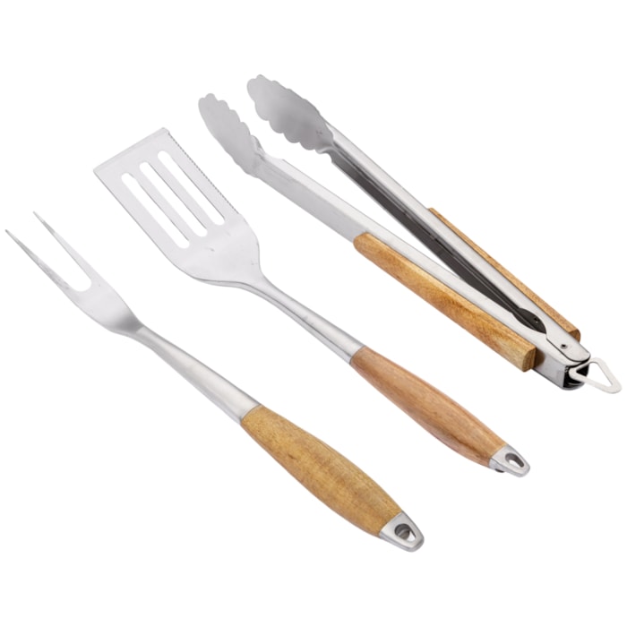 Kit Churrasco Madeira e Inox Bege - 3 Peças - Madel Home