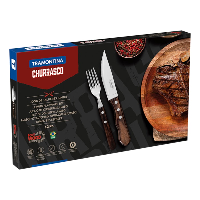 Kit Churrasco Polywood Inox e Cabos Madeira Castanho Tramontina - 12 Peças - Madel Home