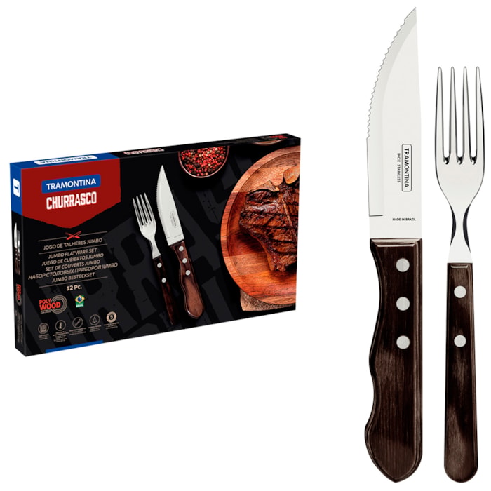 Kit Churrasco Polywood Inox e Cabos Madeira Castanho Tramontina - 12 Peças - Madel Home