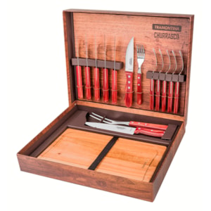 Kit Churrasco Polywood Inox e Cabos Madeira Vermelho Tramontina - 15 Peças