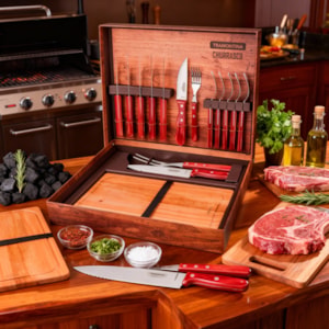 Kit Churrasco Polywood Inox e Cabos Madeira Vermelho Tramontina - 15 Peças