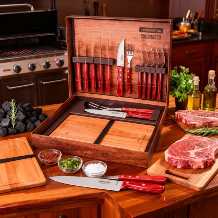 Kit Churrasco Polywood Inox e Cabos Madeira Vermelho Tramontina - 15 Peças - Madel Home