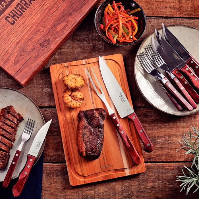 Kit Churrasco Polywood Inox e Cabos Madeira Vermelho Tramontina - 15 Peças - Madel Home