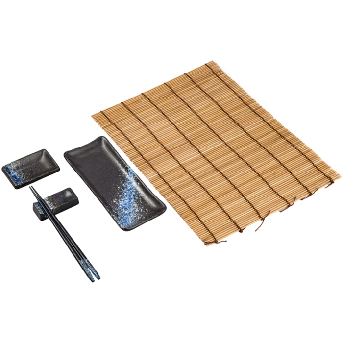Kit Comida Japonesa em Cerâmica Preto e Azul 1 Pessoa - 5 Peças - Madel Home