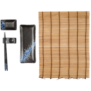 Kit Comida Japonesa em Cerâmica Preto e Azul 1 Pessoa - 5 Peças