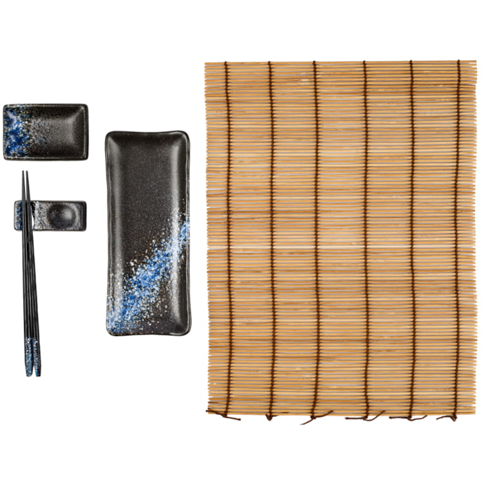 Kit Comida Japonesa em Cerâmica Preto e Azul 1 Pessoa - 5 Peças - Madel Home