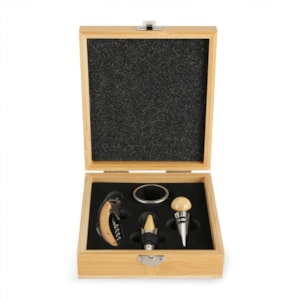 Kit de Acessórios para Vinho em Estojo de Bambu - 4 Peças