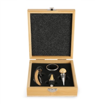 Kit de Acessórios para Vinho em Estojo de Bambu - 4 Peças