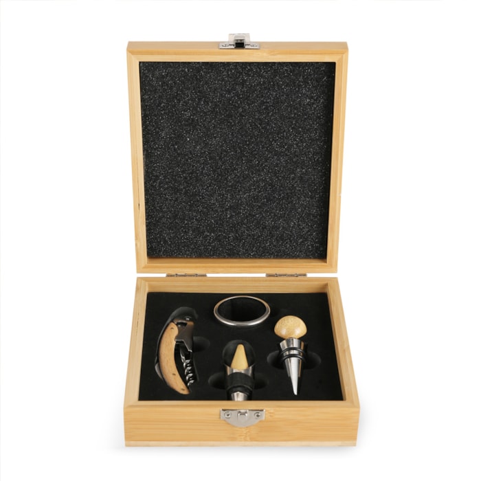 Kit de Acessórios para Vinho em Estojo de Bambu - 4 Peças - Madel Home