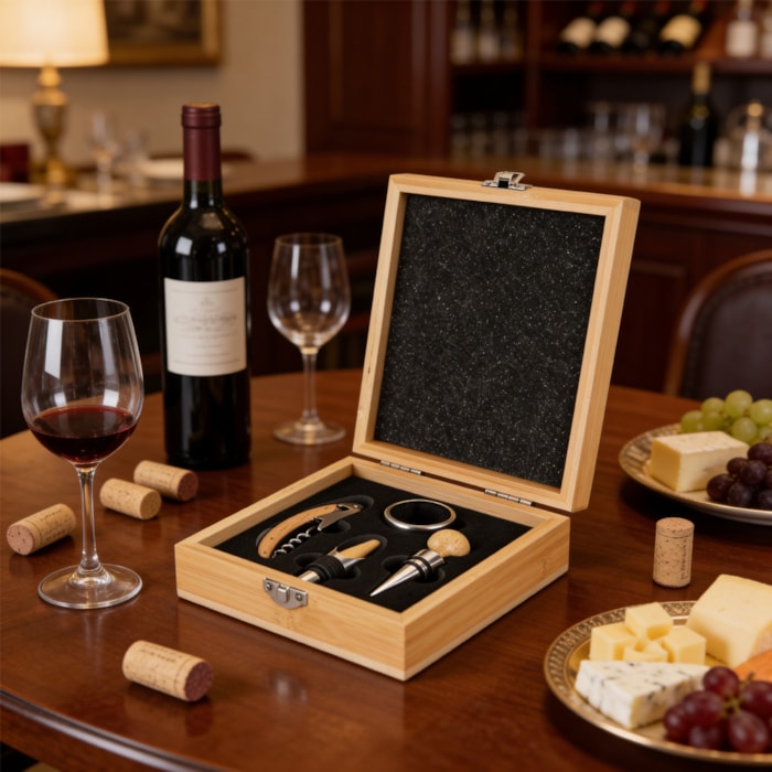 Kit de Acessórios para Vinho em Estojo de Bambu - 4 Peças - Madel Home