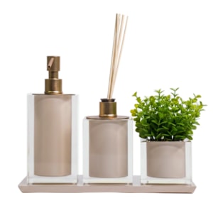Kit de Banheiro em Resina Cristal Marfim Champagne com Bandeja - 4 Peças