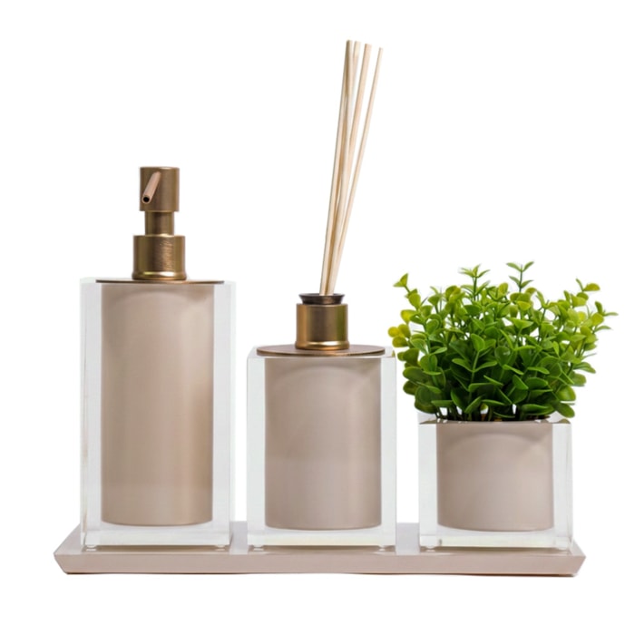 Kit de Banheiro em Resina Cristal Marfim Champagne com Bandeja - 4 Peças - Madel Home