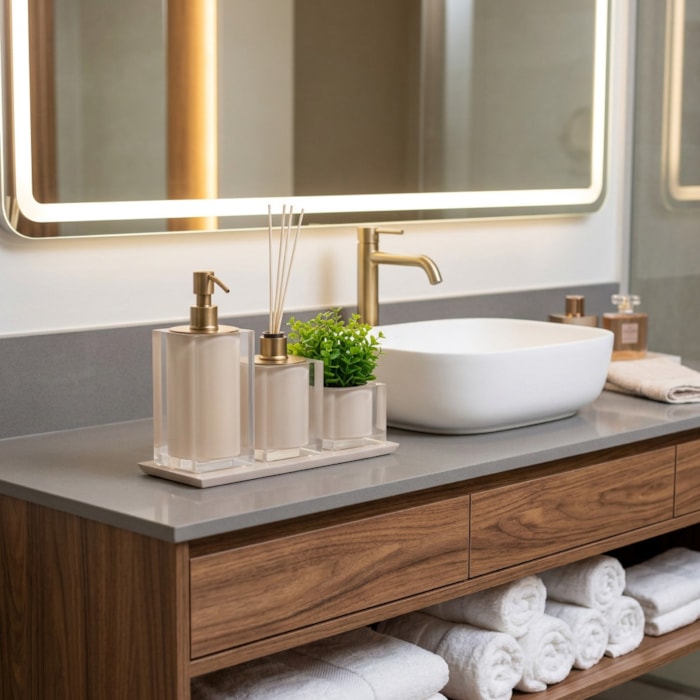 Kit de Banheiro em Resina Cristal Marfim Champagne com Bandeja - 4 Peças - Madel Home