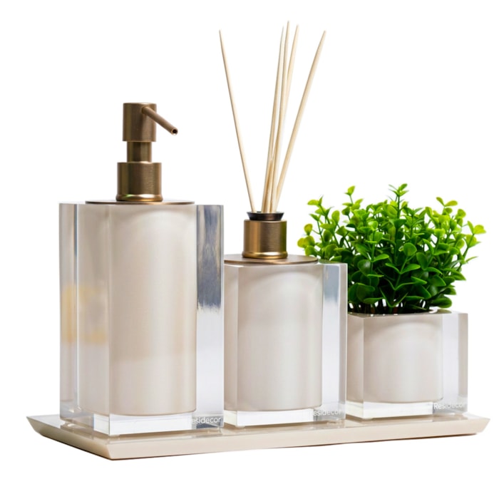 Kit de Banheiro em Resina Cristal Marfim Champagne com Bandeja - 4 Peças - Madel Home