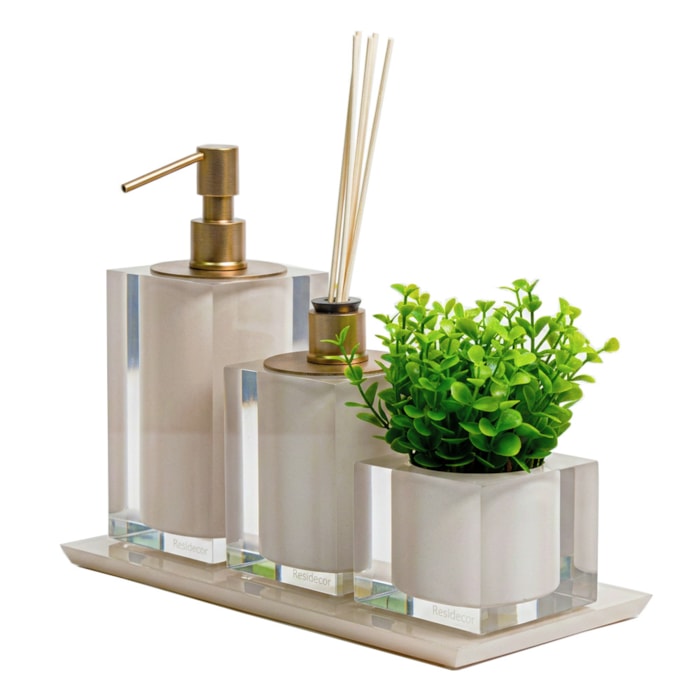 Kit de Banheiro em Resina Cristal Marfim Champagne com Bandeja - 4 Peças - Madel Home