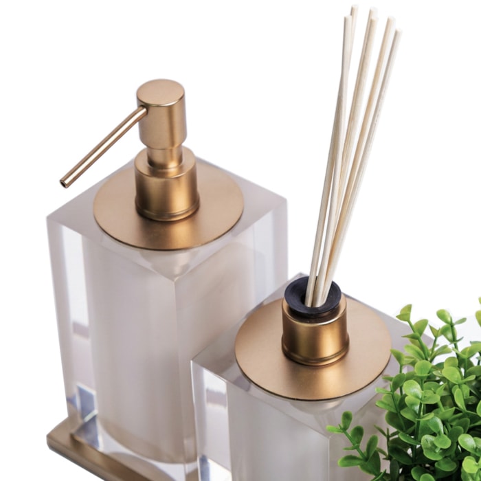 Kit de Banheiro em Resina Cristal Marfim Champagne com Bandeja - 4 Peças - Madel Home