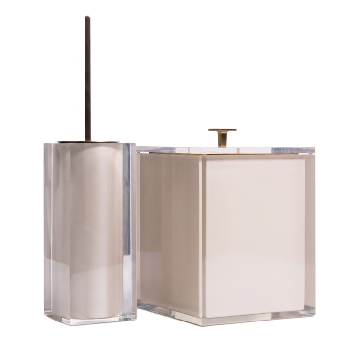 Kit de Banheiro em Resina Cristal Marfim Champagne Lixeira e Escova - 2 Peças - Madel Home