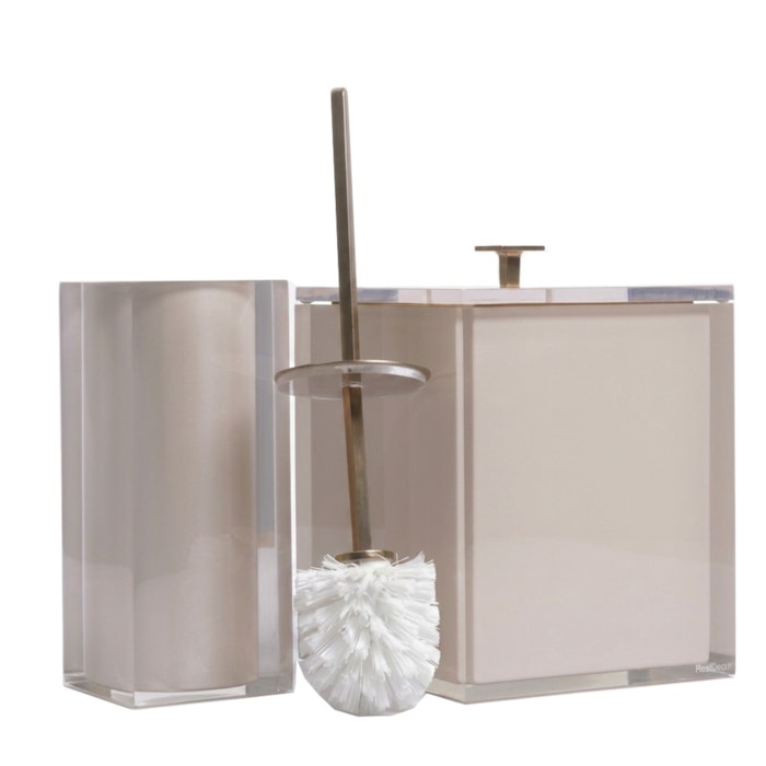 Kit de Banheiro em Resina Cristal Marfim Champagne Lixeira e Escova - 2 Peças - Madel Home