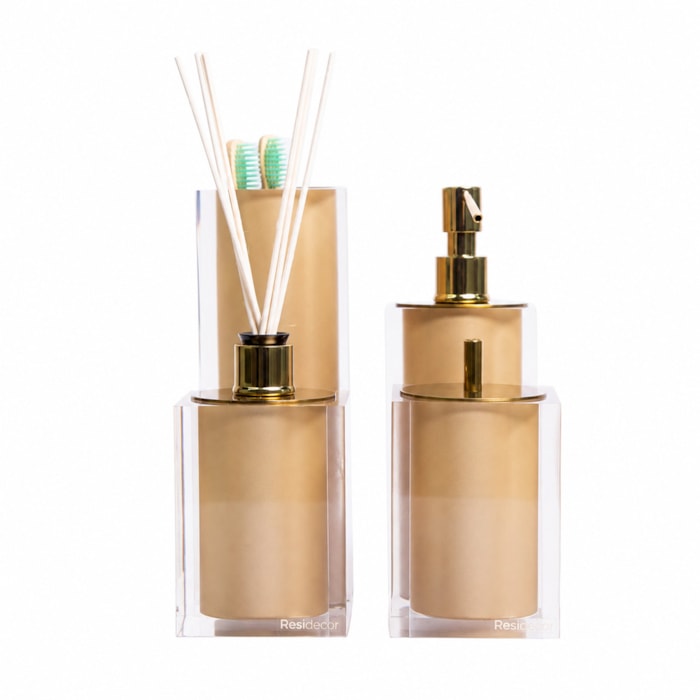 Kit de Banheiro em Resina Cristal New Gold com Bandeja - 4 Peças - Madel Home