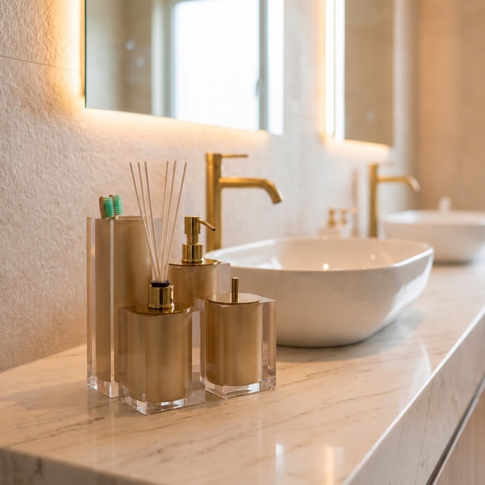Kit de Banheiro em Resina Cristal New Gold com Bandeja - 4 Peças - Madel Home