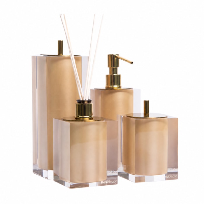 Kit de Banheiro em Resina Cristal New Gold com Bandeja - 4 Peças - Madel Home