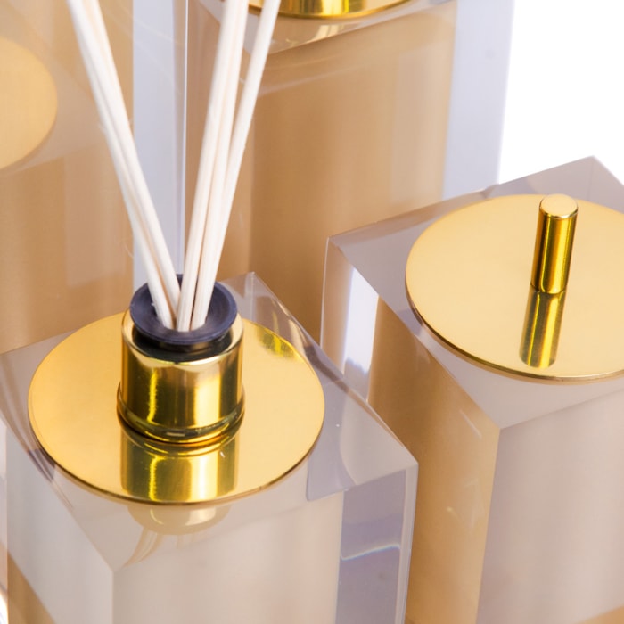 Kit de Banheiro em Resina Cristal New Gold com Bandeja - 4 Peças - Madel Home
