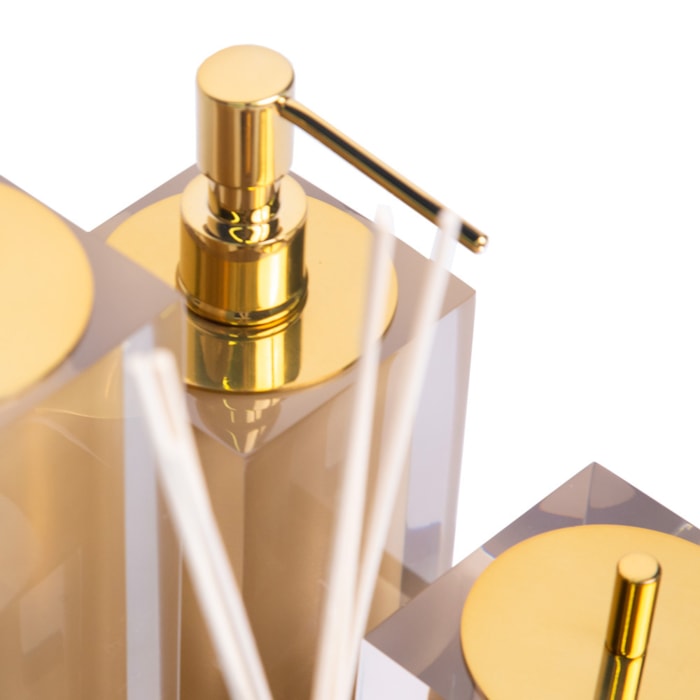 Kit de Banheiro em Resina Cristal New Gold com Bandeja - 4 Peças - Madel Home