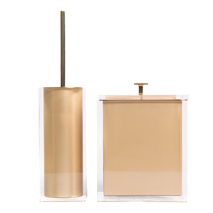 Kit de Banheiro em Resina Cristal New Gold Lixeira e Escova - 2 Peças - Madel Home