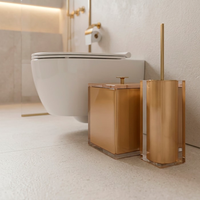 Kit de Banheiro em Resina Cristal New Gold Lixeira e Escova - 2 Peças - Madel Home
