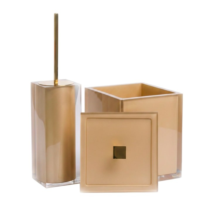 Kit de Banheiro em Resina Cristal New Gold Lixeira e Escova - 2 Peças - Madel Home
