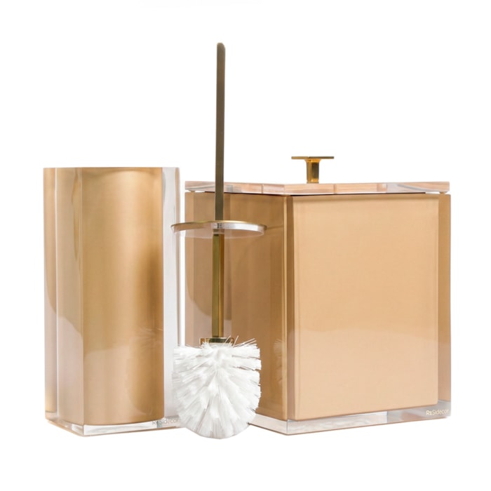 Kit de Banheiro em Resina Cristal New Gold Lixeira e Escova - 2 Peças - Madel Home