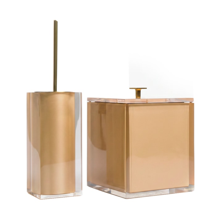 Kit de Banheiro em Resina Cristal New Gold Lixeira e Escova - 2 Peças - Madel Home