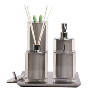 Kit de Banheiro em Resina Cristal Prata com Bandeja - 5 Peças 