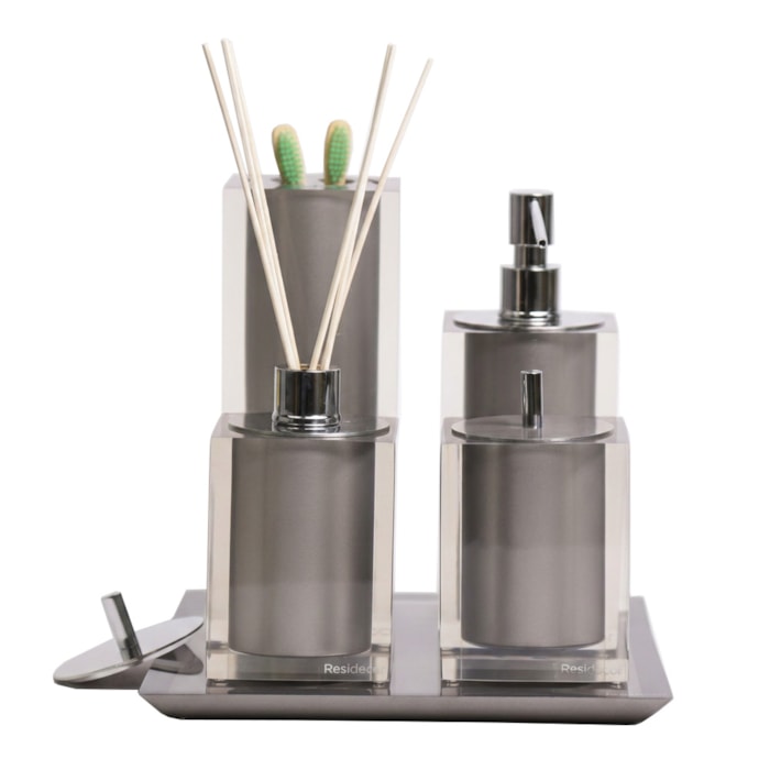 Kit de Banheiro em Resina Cristal Prata com Bandeja - 5 Peças - Madel Home