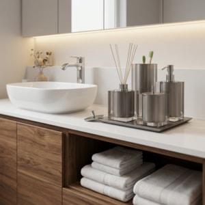 Kit de Banheiro em Resina Cristal Prata com Bandeja - 5 Peças 