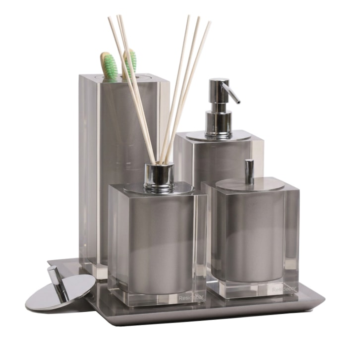 Kit de Banheiro em Resina Cristal Prata com Bandeja - 5 Peças - Madel Home