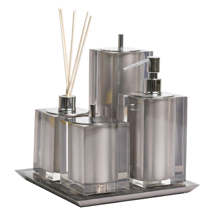 Kit de Banheiro em Resina Cristal Prata com Bandeja - 5 Peças - Madel Home