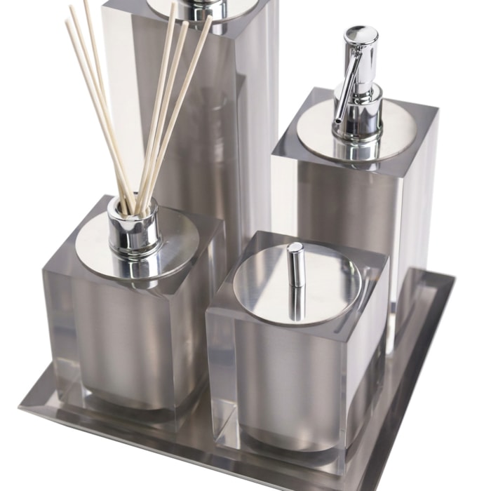 Kit de Banheiro em Resina Cristal Prata com Bandeja - 5 Peças - Madel Home