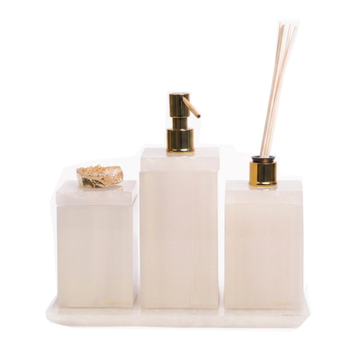 Kit de Banheiro em Resina Nude Pérola com Bandeja - 4 Peças - Madel Home