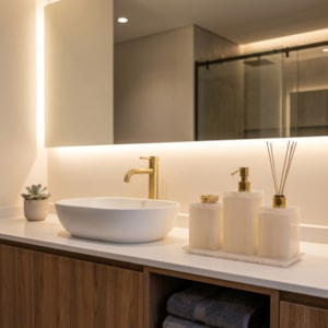 Kit de Banheiro em Resina Nude Pérola com Bandeja - 4 Peças