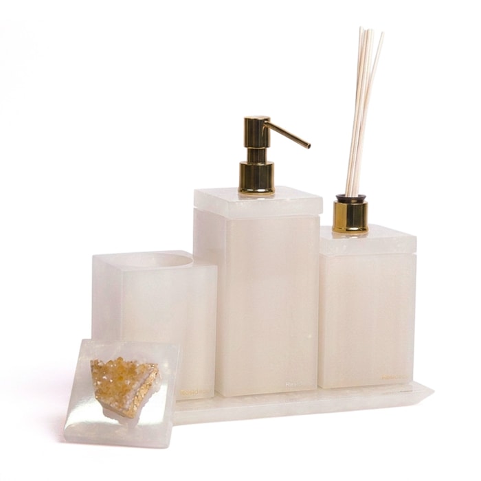 Kit de Banheiro em Resina Nude Pérola com Bandeja - 4 Peças - Madel Home