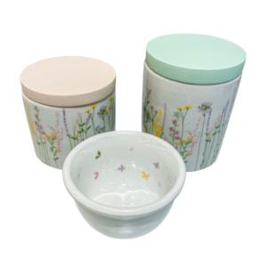 Kit de Higiene Jardim Europeu Porcelana e Tampa Madeira - 3 Peças