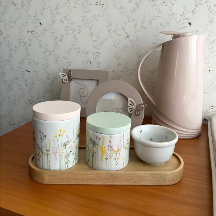 Kit de Higiene Jardim Europeu Porcelana e Tampa Madeira - 3 Peças - Madel Home